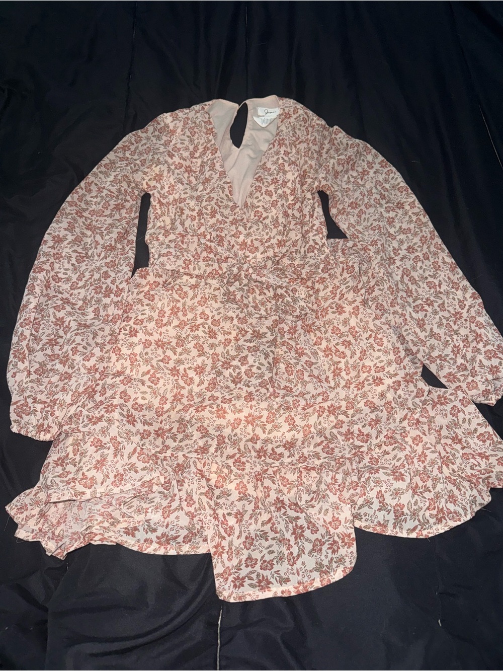 Floral Long-Sleeve Wrap Mini Dress - Cream with Dusty Rose Floral